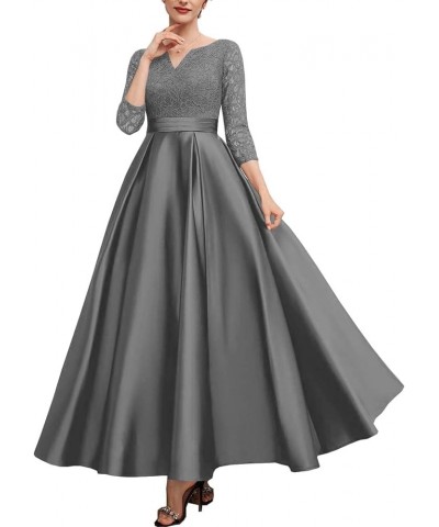 Mother of The Bride Dresses with Sleeves Lace Wedding Guest Dresses for Women Satin Formal Evening Gowns V Neck 076 Grey $34....