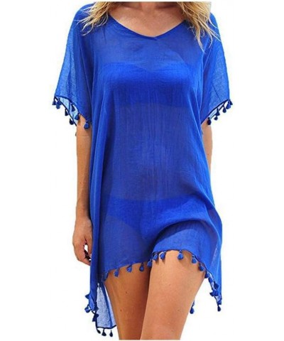 Women Perspective Stripe Print Tassel Swimsuit Cover Up Dress Kaftan Bikini Swimwear Cover-Ups Blue-5 $11.90 Swimsuits