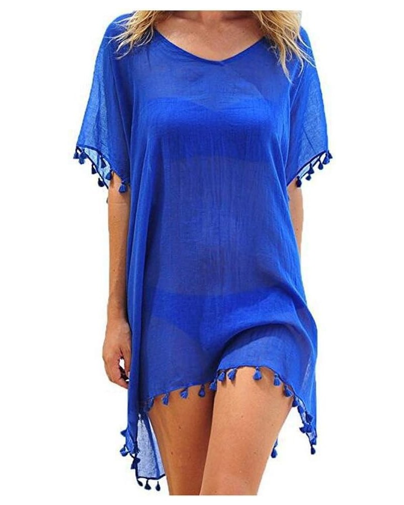 Women Perspective Stripe Print Tassel Swimsuit Cover Up Dress Kaftan Bikini Swimwear Cover-Ups Blue-5 $11.90 Swimsuits