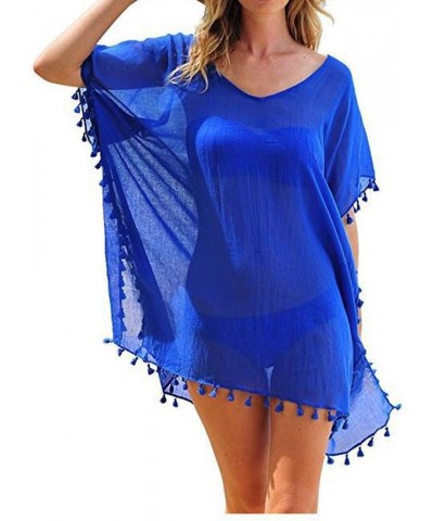 Women Perspective Stripe Print Tassel Swimsuit Cover Up Dress Kaftan Bikini Swimwear Cover-Ups Blue-5 $11.90 Swimsuits