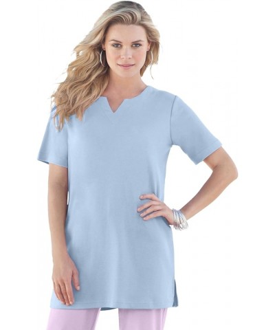 Women's Plus Size Notch-Neck Soft Knit Tunic Short Sleeve T-Shirt Pale Blue $14.78 Tops