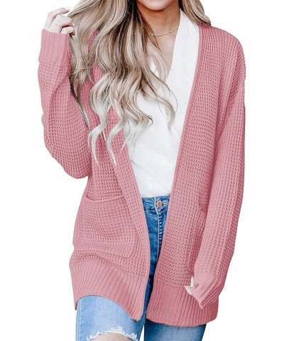 Women's 2024 Fall Casual Long Sleeve Open Front Waffle Knit Sweater Cardigans Coat Outwear with Pockets Pink $21.65 Sweaters