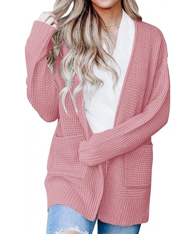 Women's 2024 Fall Casual Long Sleeve Open Front Waffle Knit Sweater Cardigans Coat Outwear with Pockets Pink $21.65 Sweaters