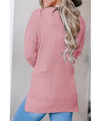 Women's 2024 Fall Casual Long Sleeve Open Front Waffle Knit Sweater Cardigans Coat Outwear with Pockets Pink $21.65 Sweaters