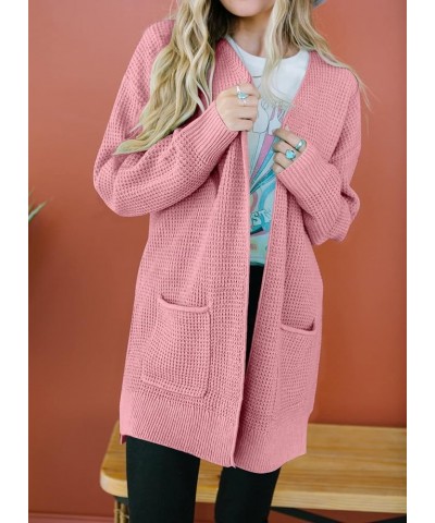 Women's 2024 Fall Casual Long Sleeve Open Front Waffle Knit Sweater Cardigans Coat Outwear with Pockets Pink $21.65 Sweaters