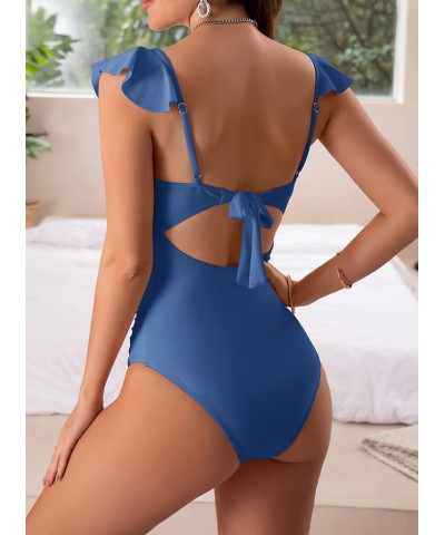 Women's One Piece Ruffle Swimsuit Ruched Tummy Control Bathing Suits Tie Back Backless 1 Piece Monokini Swimwear Blue $22.67 ...