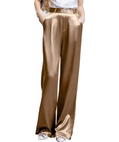 Women's Summer Dressy Casual High Waist Sparkle Silky Satin Pants Trousers Widleg Beige $14.74 Pants