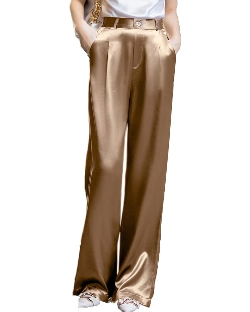 Women's Summer Dressy Casual High Waist Sparkle Silky Satin Pants Trousers Widleg Beige $14.74 Pants