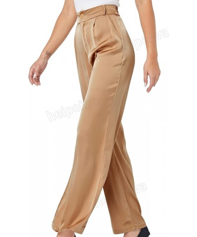 Women's Summer Dressy Casual High Waist Sparkle Silky Satin Pants Trousers Widleg Beige $14.74 Pants