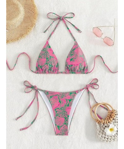 Women's High Waisted Bathing Suit Allover Floral Print Triangle Halter Swimsuit Bikini Set 2 Piece Dark Pink $13.34 Swimsuits