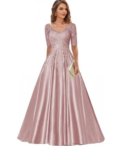 Lace Mother of The Bride Dresses for Women Long Satin Formal Dress with Sleeves V Neck Evening Party Gown Dusty Rose $34.83 D...