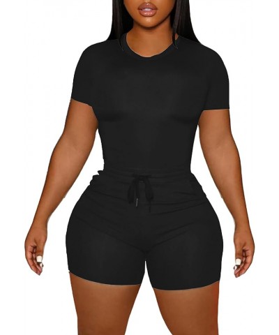 Women's 2 Piece Outfits Short Sleeve Crop Top and Skinny Shorts Tracksuit Sets Black $12.32 Activewear