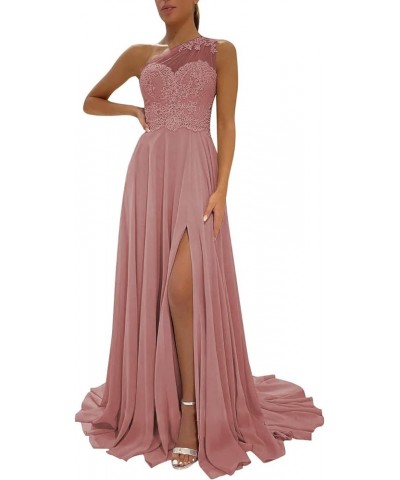 One Shoulder Chiffon Bridesmaid Dresses for Wedding 2024 Lace Slit Prom Dress with Pocket Evening Formal Gown Dusty Rose $34....