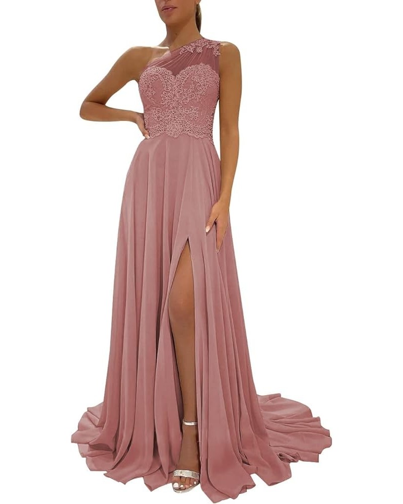 One Shoulder Chiffon Bridesmaid Dresses for Wedding 2024 Lace Slit Prom Dress with Pocket Evening Formal Gown Dusty Rose $34....