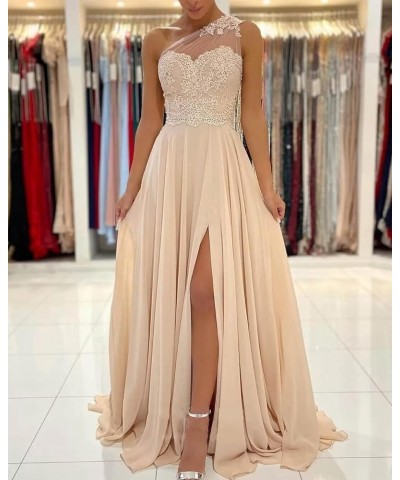 One Shoulder Chiffon Bridesmaid Dresses for Wedding 2024 Lace Slit Prom Dress with Pocket Evening Formal Gown Dusty Rose $34....