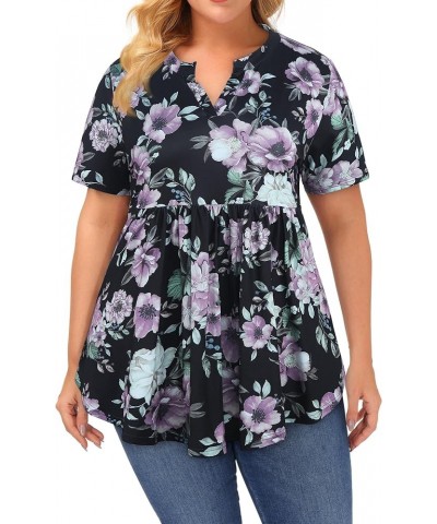 Women's Plus Size Tunic Tops Short Sleeve Flowy Tunics for Leggings P270 Purple Flowers Black $16.23 Tops