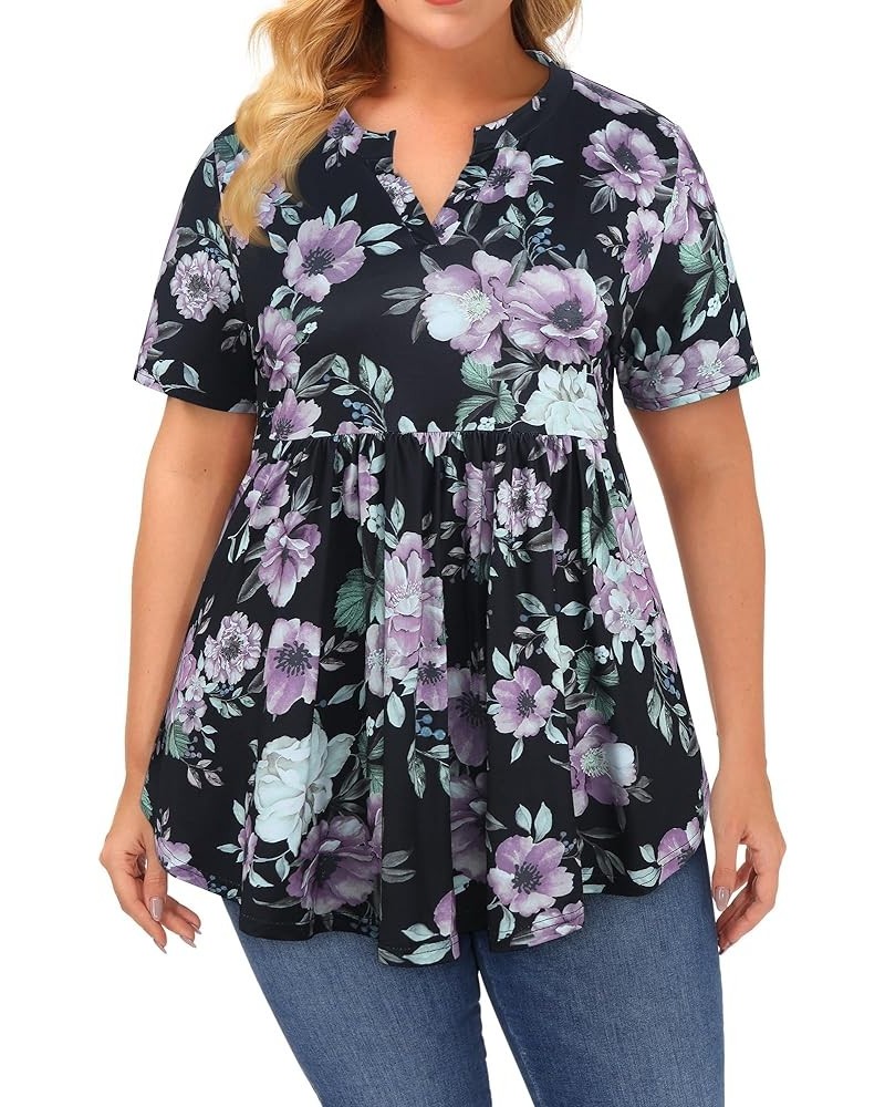 Women's Plus Size Tunic Tops Short Sleeve Flowy Tunics for Leggings P270 Purple Flowers Black $16.23 Tops