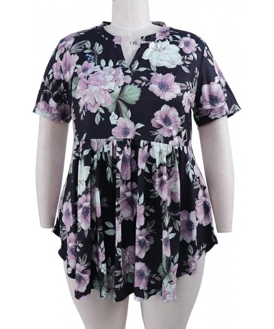 Women's Plus Size Tunic Tops Short Sleeve Flowy Tunics for Leggings P270 Purple Flowers Black $16.23 Tops