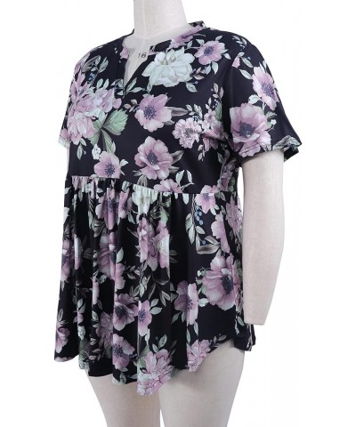 Women's Plus Size Tunic Tops Short Sleeve Flowy Tunics for Leggings P270 Purple Flowers Black $16.23 Tops