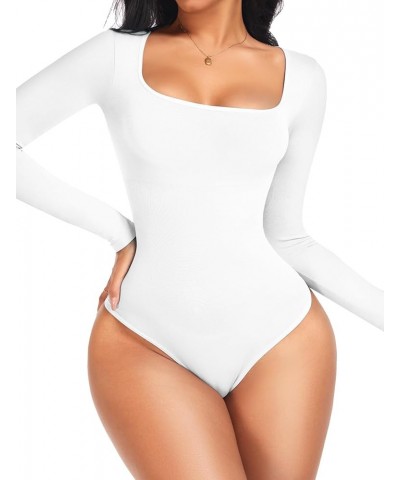 Shapewear Bodysuit for Women Tummy Control Long Sleeve Square Neck Seamless Body Shaper Tops Thong A-square Neck-white $7.94 ...