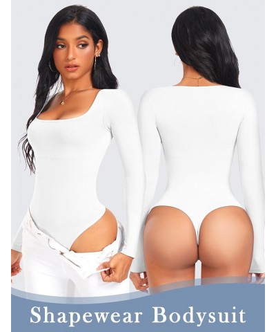 Shapewear Bodysuit for Women Tummy Control Long Sleeve Square Neck Seamless Body Shaper Tops Thong A-square Neck-white $7.94 ...