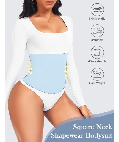 Shapewear Bodysuit for Women Tummy Control Long Sleeve Square Neck Seamless Body Shaper Tops Thong A-square Neck-white $7.94 ...