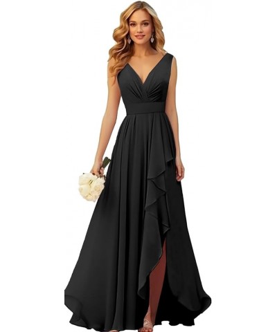 V Neck Chiffon Bridesmaid Dresses for Wedding Long Formal Evening Gown with Ruffle Slit Black $28.41 Dresses