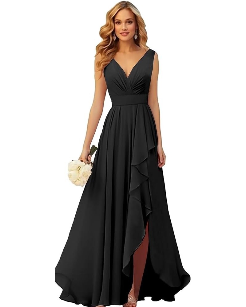 V Neck Chiffon Bridesmaid Dresses for Wedding Long Formal Evening Gown with Ruffle Slit Black $28.41 Dresses