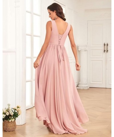 V Neck Chiffon Bridesmaid Dresses for Wedding Long Formal Evening Gown with Ruffle Slit Black $28.41 Dresses