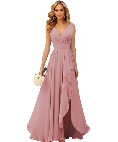 V Neck Chiffon Bridesmaid Dresses for Wedding Long Formal Evening Gown with Ruffle Slit Black $28.41 Dresses