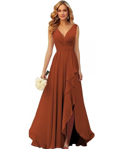 V Neck Chiffon Bridesmaid Dresses for Wedding Long Formal Evening Gown with Ruffle Slit Black $28.41 Dresses