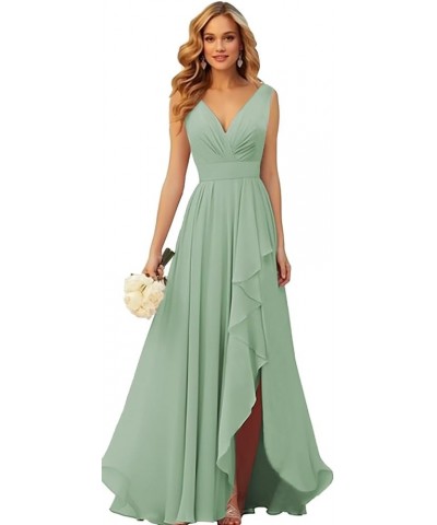 V Neck Chiffon Bridesmaid Dresses for Wedding Long Formal Evening Gown with Ruffle Slit Black $28.41 Dresses