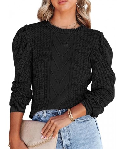 Women's Casual Crew Neck Pullovers Sweaters Fall Puff Long Sleeve Cable Ribbed Knitted Tops Black $16.80 Sweaters