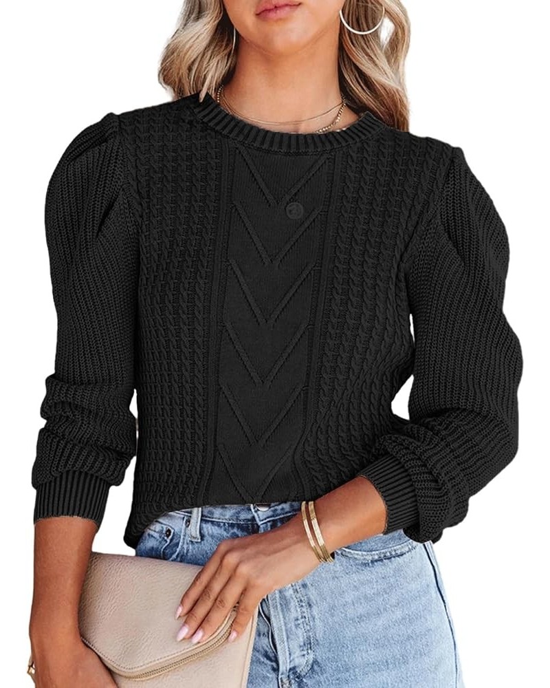 Women's Casual Crew Neck Pullovers Sweaters Fall Puff Long Sleeve Cable Ribbed Knitted Tops Black $16.80 Sweaters