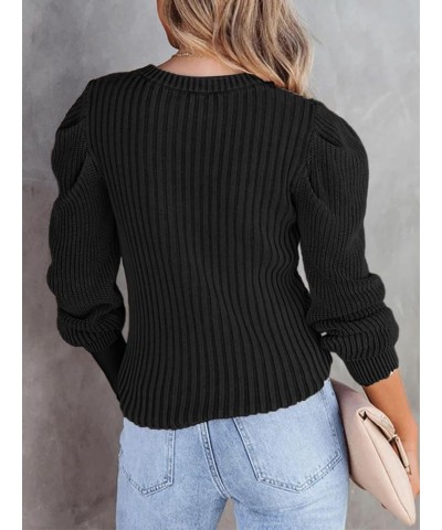 Women's Casual Crew Neck Pullovers Sweaters Fall Puff Long Sleeve Cable Ribbed Knitted Tops Black $16.80 Sweaters