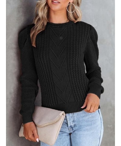 Women's Casual Crew Neck Pullovers Sweaters Fall Puff Long Sleeve Cable Ribbed Knitted Tops Black $16.80 Sweaters