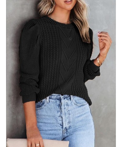 Women's Casual Crew Neck Pullovers Sweaters Fall Puff Long Sleeve Cable Ribbed Knitted Tops Black $16.80 Sweaters