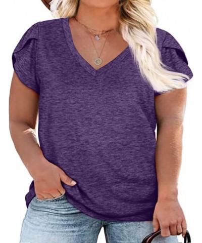 Womens Plus Size Tops V Neck T Shirts Casual Loose Petal Sleeve Tee Shirts Purple $16.81 T-Shirts