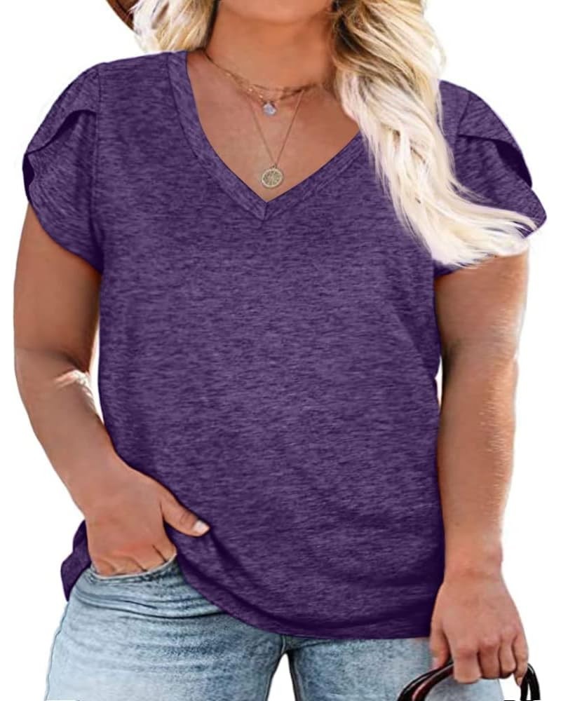 Womens Plus Size Tops V Neck T Shirts Casual Loose Petal Sleeve Tee Shirts Purple $16.81 T-Shirts