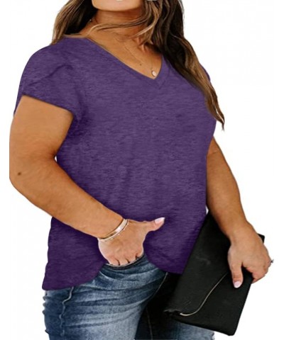 Womens Plus Size Tops V Neck T Shirts Casual Loose Petal Sleeve Tee Shirts Purple $16.81 T-Shirts