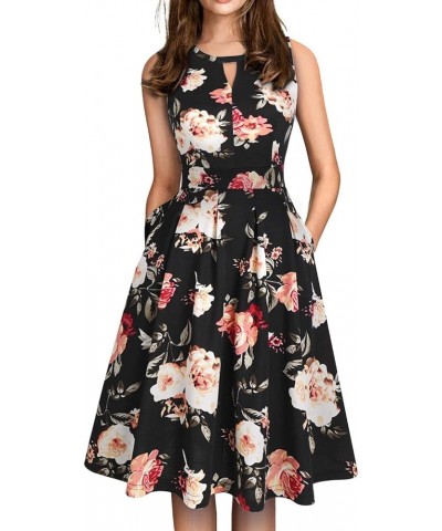 Women's Retro Sleeveless Swing Casual Work Summer Party Dress with Pockets Black Floral 01 $15.60 Dresses