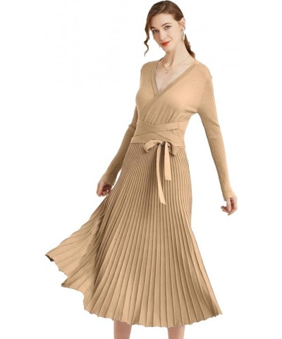 Womens Winter Fall Pleated Knitted Fit and Flare Long Sleeve Sweater Dress B-tan $28.08 Sweaters