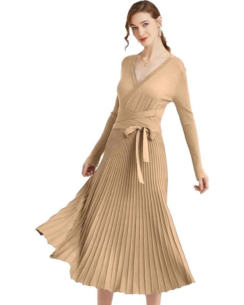 Womens Winter Fall Pleated Knitted Fit and Flare Long Sleeve Sweater Dress B-tan $28.08 Sweaters