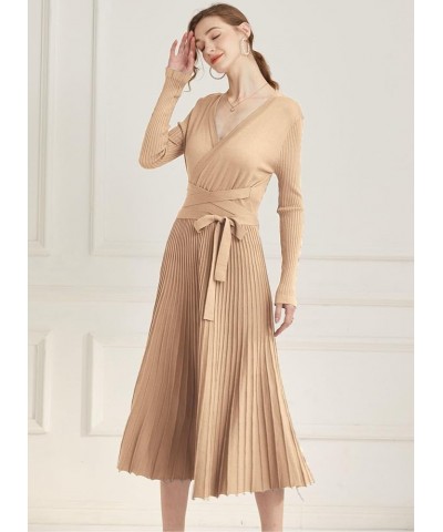 Womens Winter Fall Pleated Knitted Fit and Flare Long Sleeve Sweater Dress B-tan $28.08 Sweaters