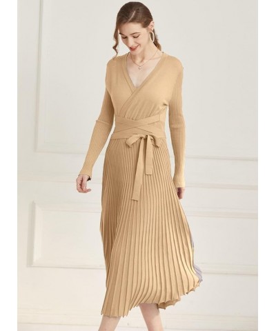 Womens Winter Fall Pleated Knitted Fit and Flare Long Sleeve Sweater Dress B-tan $28.08 Sweaters