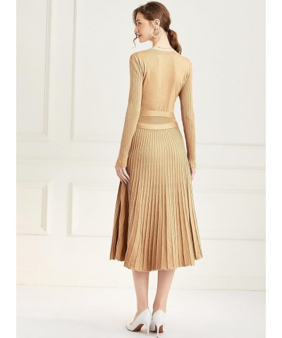 Womens Winter Fall Pleated Knitted Fit and Flare Long Sleeve Sweater Dress B-tan $28.08 Sweaters