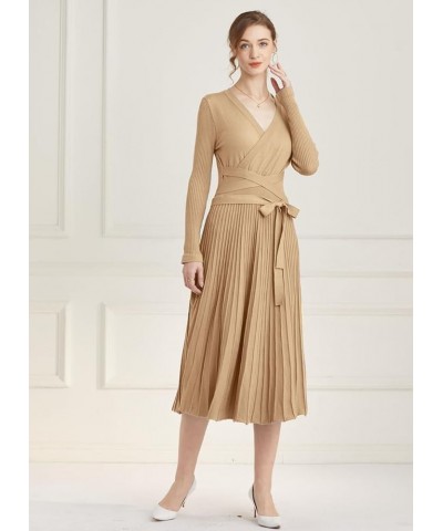 Womens Winter Fall Pleated Knitted Fit and Flare Long Sleeve Sweater Dress B-tan $28.08 Sweaters