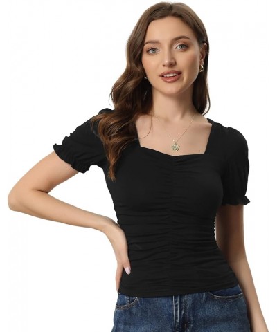 Women's Ruched Top Square Neck Solid Short Sleeve Smocked Blouse Black $12.76 Blouses