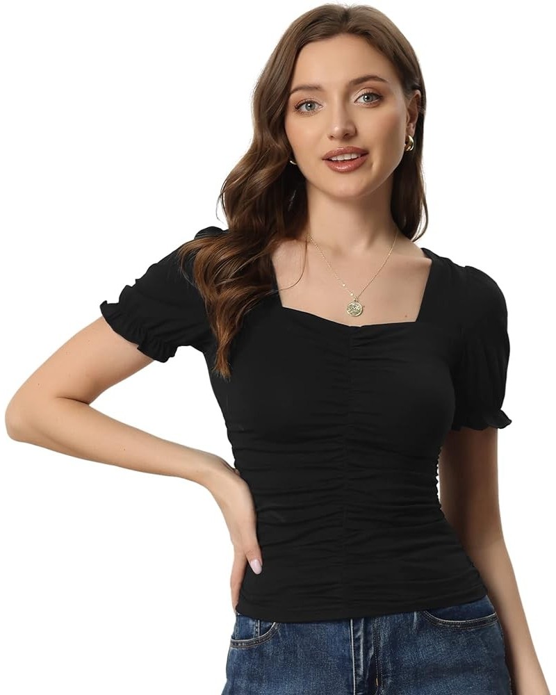 Women's Ruched Top Square Neck Solid Short Sleeve Smocked Blouse Black $12.76 Blouses