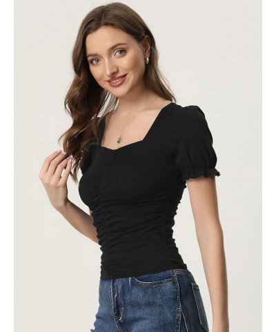 Women's Ruched Top Square Neck Solid Short Sleeve Smocked Blouse Black $12.76 Blouses